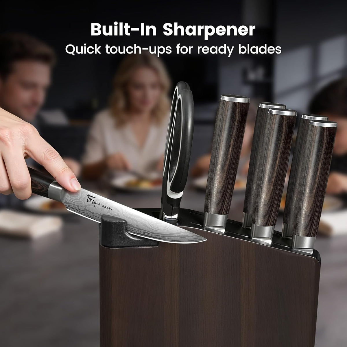 15-Piece Kitchen Knife Set with Magnetic Block, New for 2026 | Detachable Steak Knife Block for Table Service, Built-In Sharpener, Wood Handle, Damascus Pattern, Housewarming Gifts