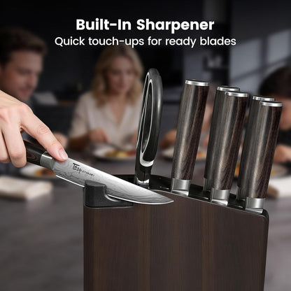 15-Piece Kitchen Knife Set with Magnetic Block, New for 2026 | Detachable Steak Knife Block for Table Service, Built-In Sharpener, Wood Handle, Damascus Pattern, Housewarming Gifts