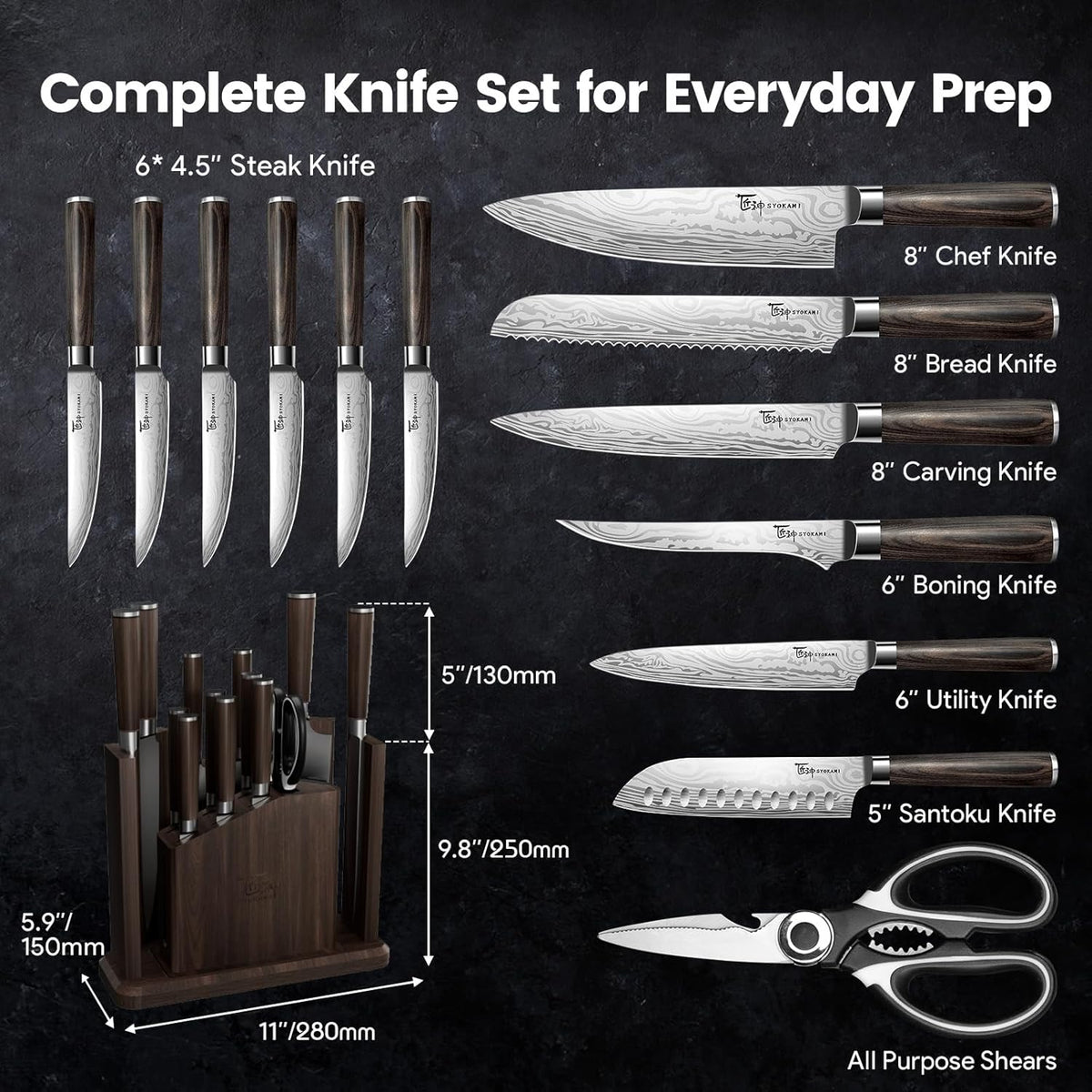 15-Piece Kitchen Knife Set with Magnetic Block, New for 2026 | Detachable Steak Knife Block for Table Service, Built-In Sharpener, Wood Handle, Damascus Pattern, Housewarming Gifts