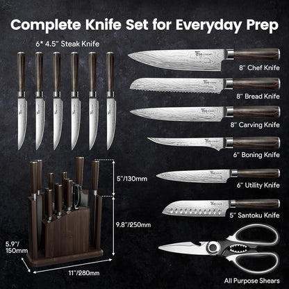 15-Piece Kitchen Knife Set with Magnetic Block, New for 2026 | Detachable Steak Knife Block for Table Service, Built-In Sharpener, Wood Handle, Damascus Pattern, Housewarming Gifts