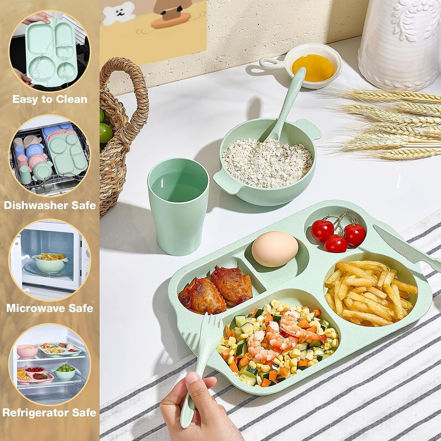 24 Pcs Wheat Straw Dinnerware Cutlery Set, Unbreakable Tableware Set, Including Kids Toddlers Divided Plates, Bowls, Cup, Cutlery Spoons Knifes Forks, BPA Free, Microwave Dishwasher Safe
