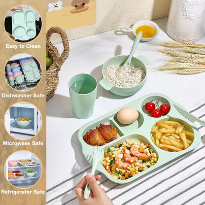 24 Pcs Wheat Straw Dinnerware Cutlery Set, Unbreakable Tableware Set, Including Kids Toddlers Divided Plates, Bowls, Cup, Cutlery Spoons Knifes Forks, BPA Free, Microwave Dishwasher Safe
