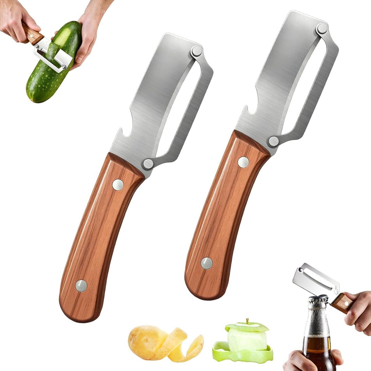 2 In1 Vegetable Peeler,Stainless Steel Veggie Peeler Knife For Kitchen-2PCS | Multi function,Wooden Handle,Bottle Opener,For Fruit Pumpkin Peeling Potato Carrot Veggie for Camping and Trave
