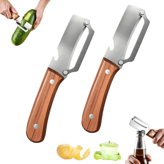 2 In1 Vegetable Peeler,Stainless Steel Veggie Peeler Knife For Kitchen-2PCS | Multi function,Wooden Handle,Bottle Opener,For Fruit Pumpkin Peeling Potato Carrot Veggie for Camping and Trave