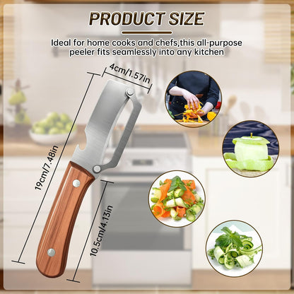 2 In1 Vegetable Peeler,Stainless Steel Veggie Peeler Knife For Kitchen-2PCS | Multi function,Wooden Handle,Bottle Opener,For Fruit Pumpkin Peeling Potato Carrot Veggie for Camping and Trave
