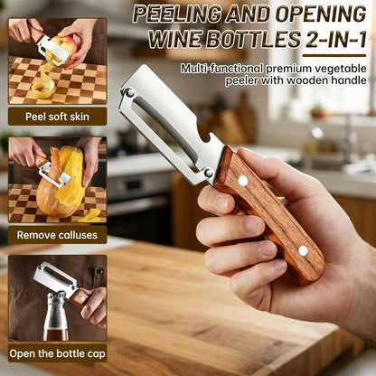 2 In1 Vegetable Peeler,Stainless Steel Veggie Peeler Knife For Kitchen-2PCS | Multi function,Wooden Handle,Bottle Opener,For Fruit Pumpkin Peeling Potato Carrot Veggie for Camping and Trave