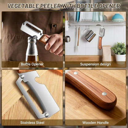 2 In1 Vegetable Peeler,Stainless Steel Veggie Peeler Knife For Kitchen-2PCS | Multi function,Wooden Handle,Bottle Opener,For Fruit Pumpkin Peeling Potato Carrot Veggie for Camping and Trave