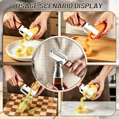 2 In1 Vegetable Peeler,Stainless Steel Veggie Peeler Knife For Kitchen-2PCS | Multi function,Wooden Handle,Bottle Opener,For Fruit Pumpkin Peeling Potato Carrot Veggie for Camping and Trave