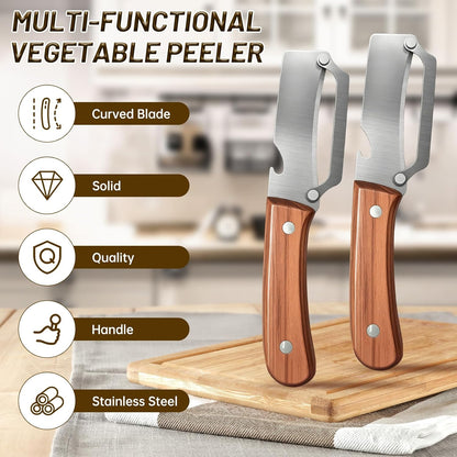 2 In1 Vegetable Peeler,Stainless Steel Veggie Peeler Knife For Kitchen-2PCS | Multi function,Wooden Handle,Bottle Opener,For Fruit Pumpkin Peeling Potato Carrot Veggie for Camping and Trave