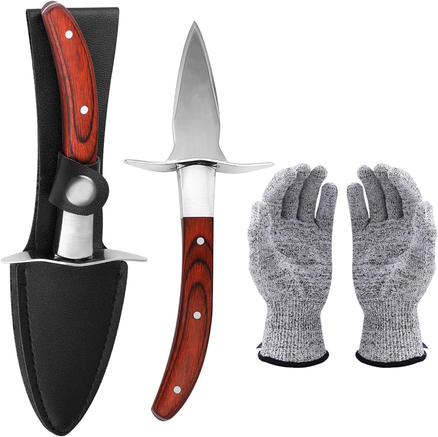Oyster Shucking Knife Pakka Wood Handle Oyster Shucker Opener Tool with Full Tang Blade, 2Knives+ Leather Sheath+Cut Resistant Gloves