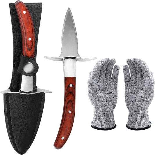 Oyster Shucking Knife Pakka Wood Handle Oyster Shucker Opener Tool with Full Tang Blade, 2Knives+ Leather Sheath+Cut Resistant Gloves