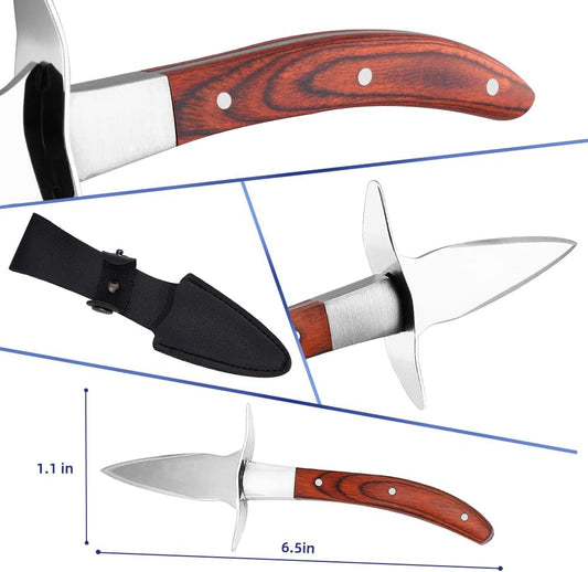 Oyster Shucking Knife Pakka Wood Handle Oyster Shucker Opener Tool with Full Tang Blade, 2Knives+ Leather Sheath+Cut Resistant Gloves