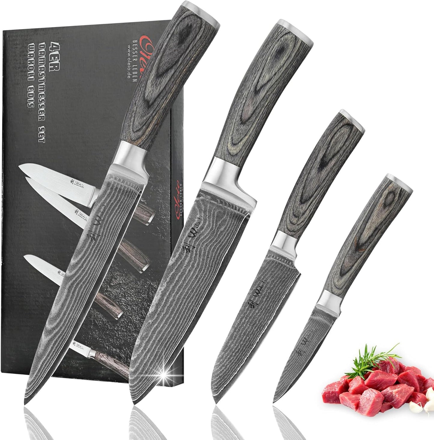 EDIS Damascus Kitchen Knife Set, 4-Piece VG10 Core, Pakkawood Handle | Santoku, carving, small santoku and paring knives cover roast slicing, vegetable prep, herbs, fruit, and trimming, gift box