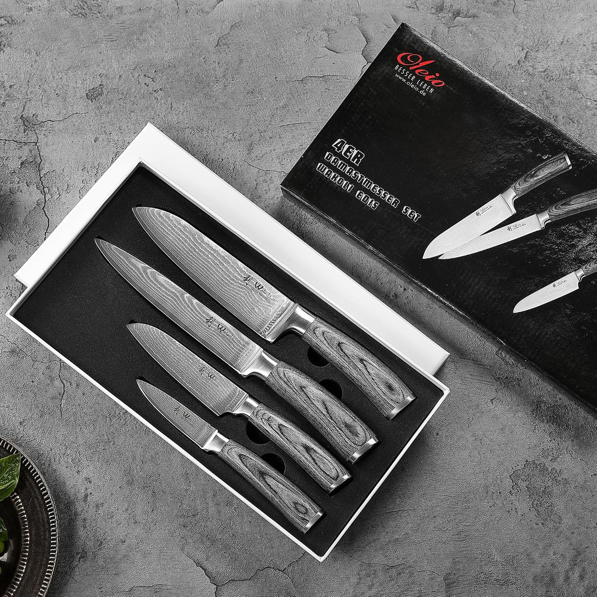 EDIS Damascus Kitchen Knife Set, 4-Piece VG10 Core, Pakkawood Handle | Santoku, carving, small santoku and paring knives cover roast slicing, vegetable prep, herbs, fruit, and trimming, gift box