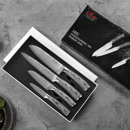 EDIS Damascus Kitchen Knife Set, 4-Piece VG10 Core, Pakkawood Handle | Santoku, carving, small santoku and paring knives cover roast slicing, vegetable prep, herbs, fruit, and trimming, gift box
