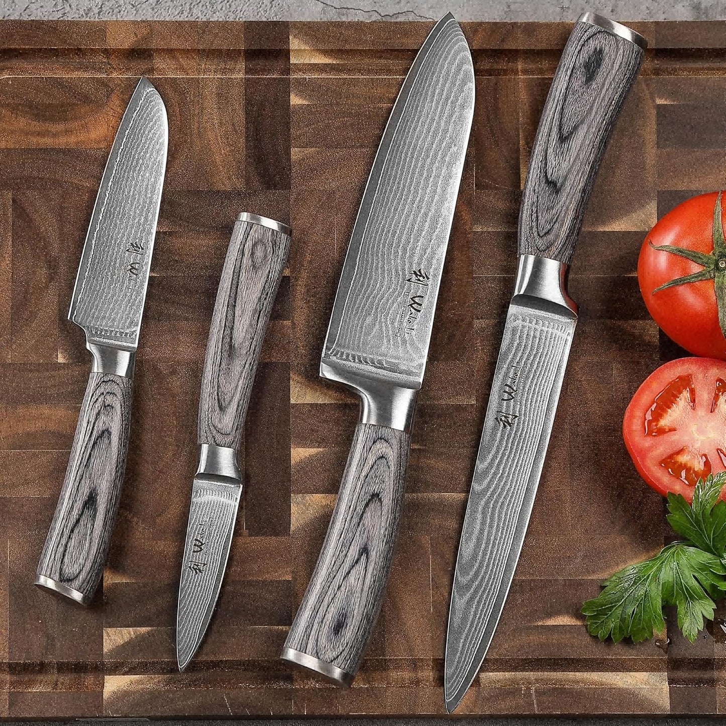 EDIS Damascus Kitchen Knife Set, 4-Piece VG10 Core, Pakkawood Handle | Santoku, carving, small santoku and paring knives cover roast slicing, vegetable prep, herbs, fruit, and trimming, gift box