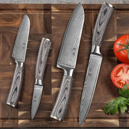 EDIS Damascus Kitchen Knife Set, 4-Piece VG10 Core, Pakkawood Handle | Santoku, carving, small santoku and paring knives cover roast slicing, vegetable prep, herbs, fruit, and trimming, gift box