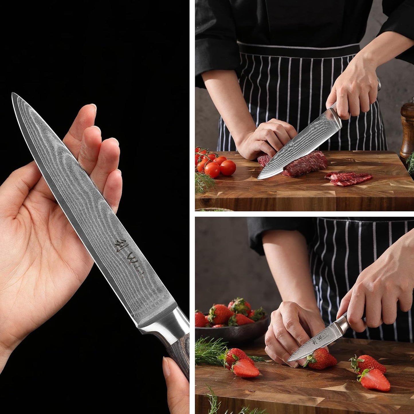 EDIS Damascus Kitchen Knife Set, 4-Piece VG10 Core, Pakkawood Handle | Santoku, carving, small santoku and paring knives cover roast slicing, vegetable prep, herbs, fruit, and trimming, gift box