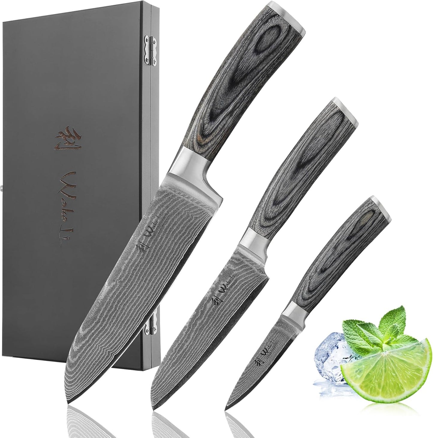EDIS Damascus Kitchen Knife Set, 4-Piece VG10 Core, Pakkawood Handle | Santoku, carving, small santoku and paring knives cover roast slicing, vegetable prep, herbs, fruit, and trimming, gift box