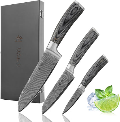 EDIS Damascus Kitchen Knife Set, 4-Piece VG10 Core, Pakkawood Handle | Santoku, carving, small santoku and paring knives cover roast slicing, vegetable prep, herbs, fruit, and trimming, gift box