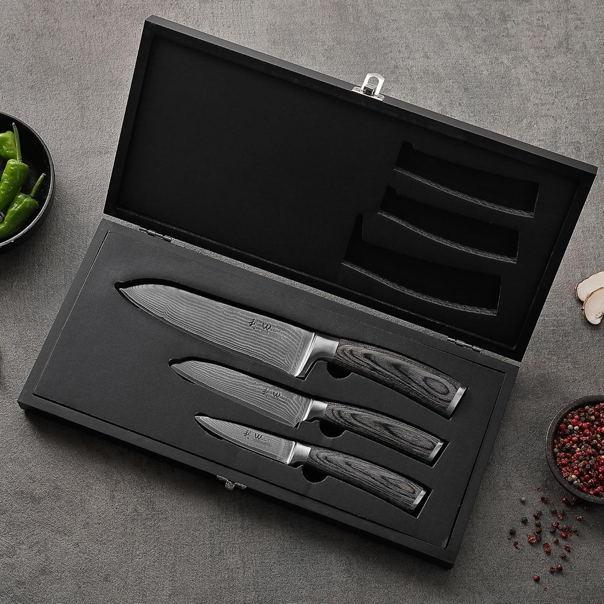 EDIS Damascus Kitchen Knife Set, 4-Piece VG10 Core, Pakkawood Handle | Santoku, carving, small santoku and paring knives cover roast slicing, vegetable prep, herbs, fruit, and trimming, gift box