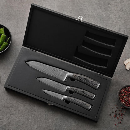 EDIS Damascus Kitchen Knife Set, 4-Piece VG10 Core, Pakkawood Handle | Santoku, carving, small santoku and paring knives cover roast slicing, vegetable prep, herbs, fruit, and trimming, gift box
