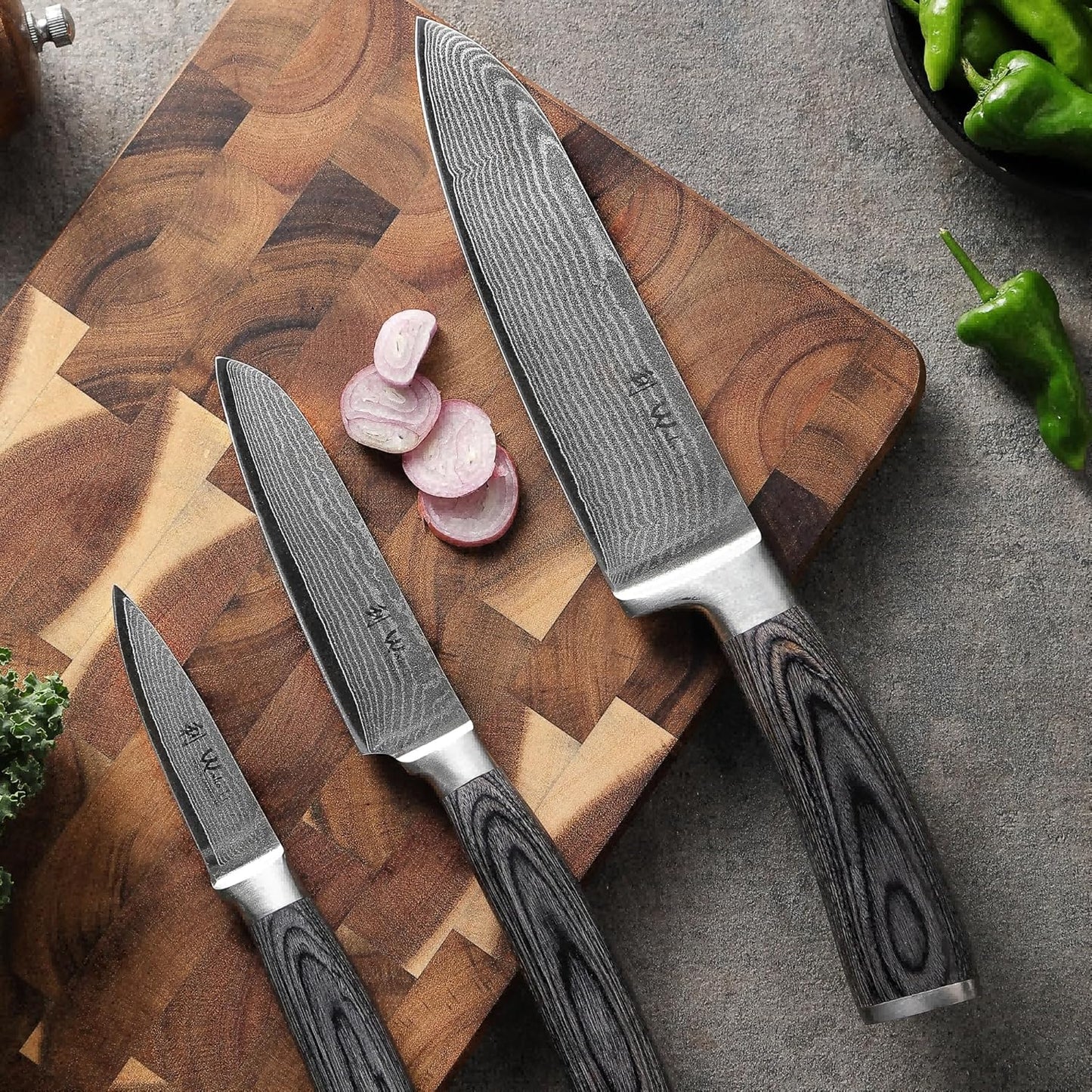 EDIS Damascus Kitchen Knife Set, 4-Piece VG10 Core, Pakkawood Handle | Santoku, carving, small santoku and paring knives cover roast slicing, vegetable prep, herbs, fruit, and trimming, gift box