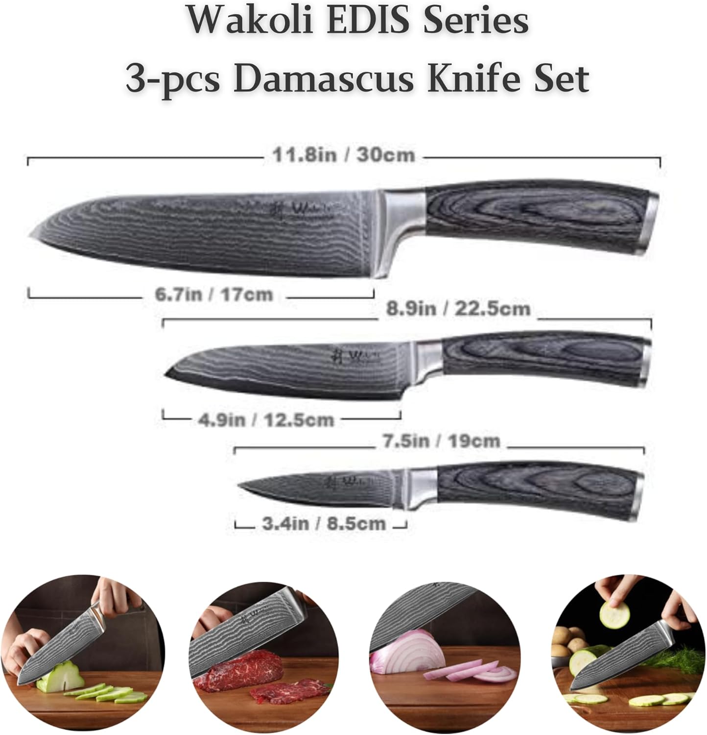 EDIS Damascus Kitchen Knife Set, 4-Piece VG10 Core, Pakkawood Handle | Santoku, carving, small santoku and paring knives cover roast slicing, vegetable prep, herbs, fruit, and trimming, gift box