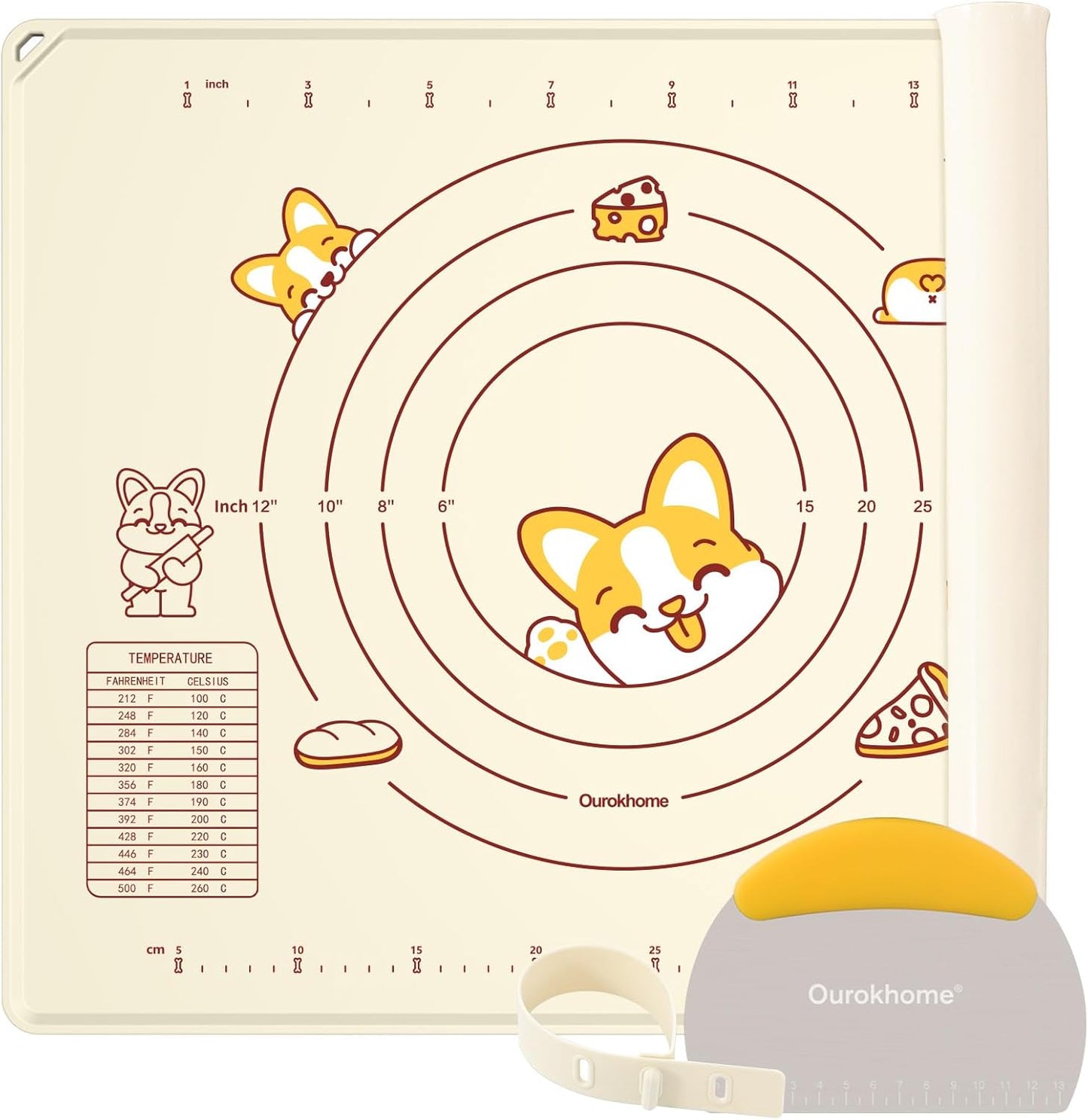 Silicone Baking Mat Sheet and Pastry Dough Cutter, 0.5 Inch Thick 20'' X 16" BPA free Silicone Rolling Mat, Non-Stick and Anti-Slip, Dishwasher Safe (Beige)