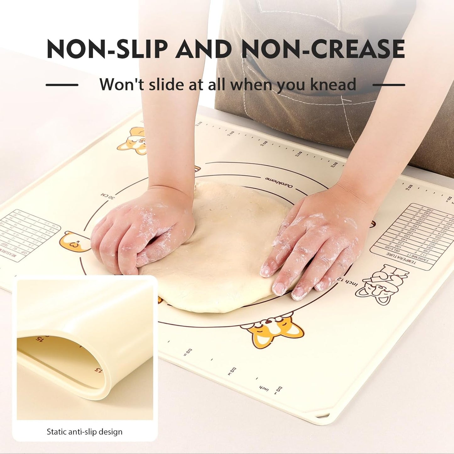 Silicone Baking Mat Sheet and Pastry Dough Cutter, 0.5 Inch Thick 20'' X 16" BPA free Silicone Rolling Mat, Non-Stick and Anti-Slip, Dishwasher Safe (Beige)