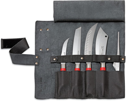 Red Spirit Leather Roll Bag Black - 5 pcs, Boning Knife, Tanto, Chopping Knife, Chef's Knife, Buffet Tweezers - Made in Germany