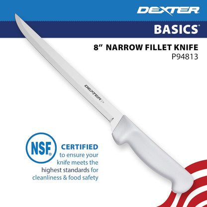 Dexter Basics 8" Flexible Fillet Knife, Stainless Blade, White Handle | Flexible high-carbon stainless steel blade follows bones for clean fillets. Designed for fish and seafood prep work.