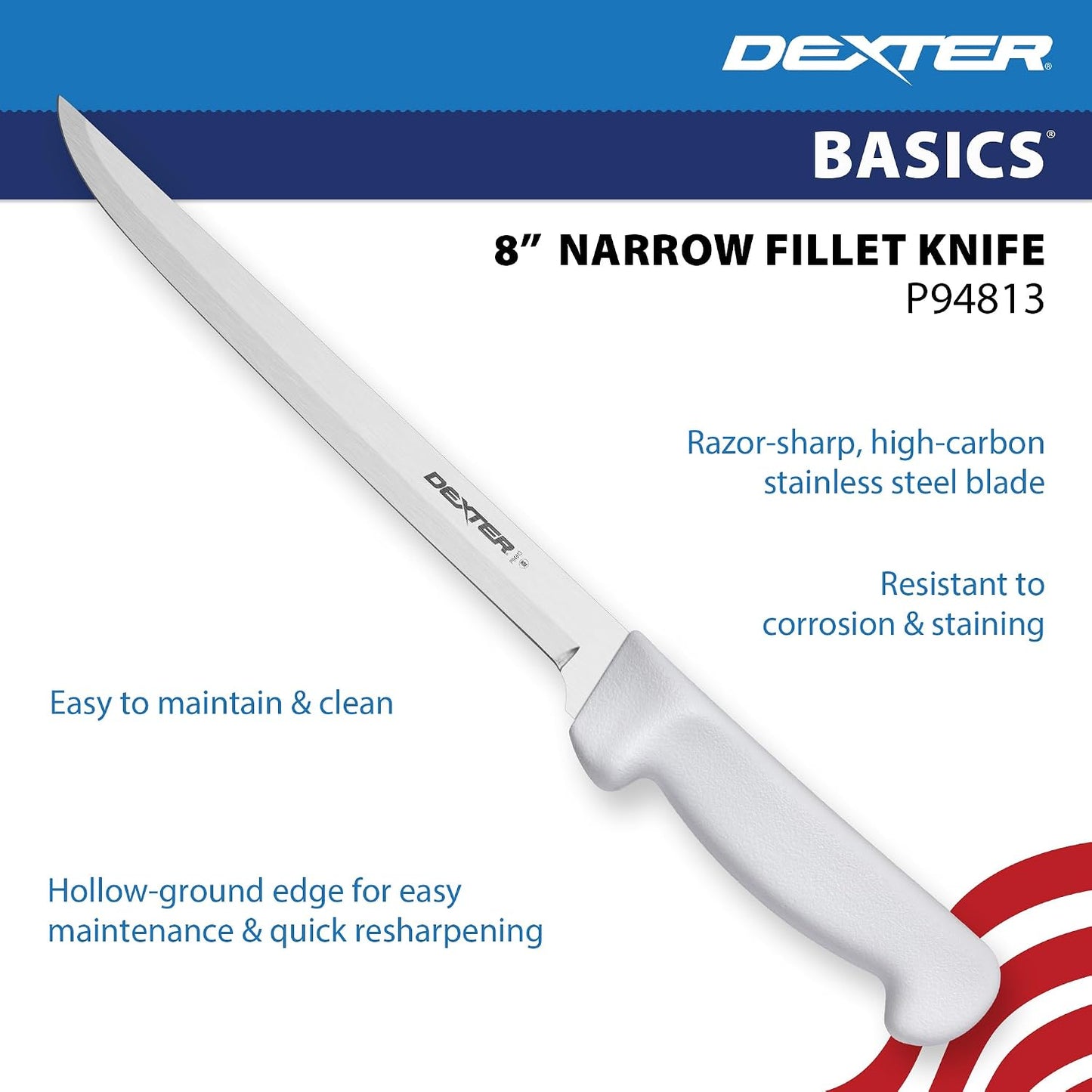 Dexter Basics 8" Flexible Fillet Knife, Stainless Blade, White Handle | Flexible high-carbon stainless steel blade follows bones for clean fillets. Designed for fish and seafood prep work.