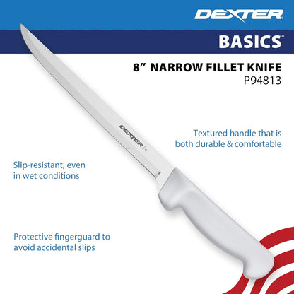 Dexter Basics 8" Flexible Fillet Knife, Stainless Blade, White Handle | Flexible high-carbon stainless steel blade follows bones for clean fillets. Designed for fish and seafood prep work.