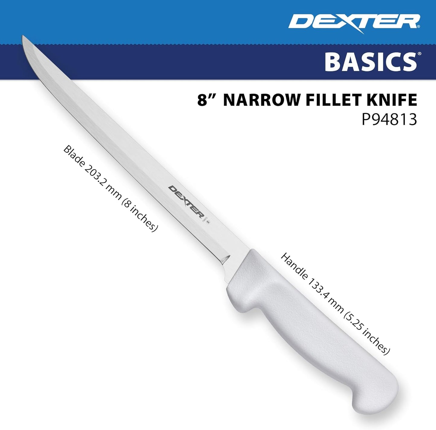 Dexter Basics 8" Flexible Fillet Knife, Stainless Blade, White Handle | Flexible high-carbon stainless steel blade follows bones for clean fillets. Designed for fish and seafood prep work.