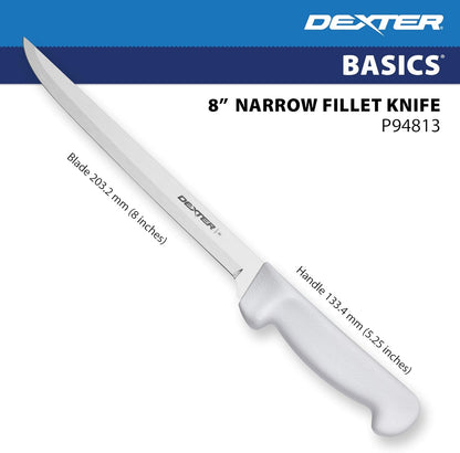 Dexter Basics 8" Flexible Fillet Knife, Stainless Blade, White Handle | Flexible high-carbon stainless steel blade follows bones for clean fillets. Designed for fish and seafood prep work.
