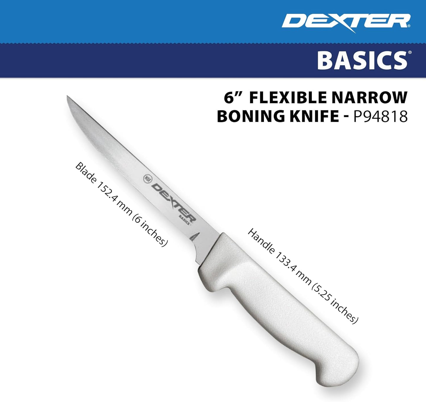 Dexter Basics 8" Flexible Fillet Knife, Stainless Blade, White Handle | Flexible high-carbon stainless steel blade follows bones for clean fillets. Designed for fish and seafood prep work.