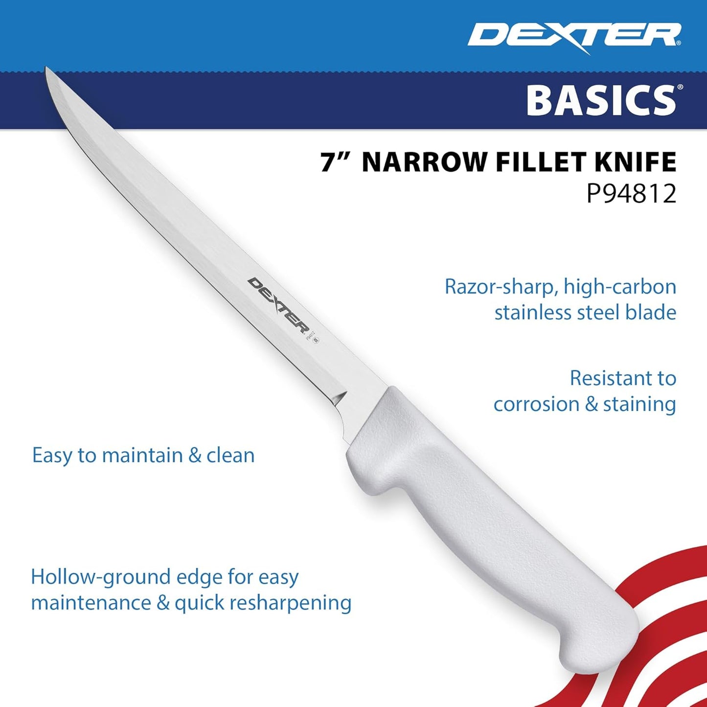 Dexter Basics 8" Flexible Fillet Knife, Stainless Blade, White Handle | Flexible high-carbon stainless steel blade follows bones for clean fillets. Designed for fish and seafood prep work.