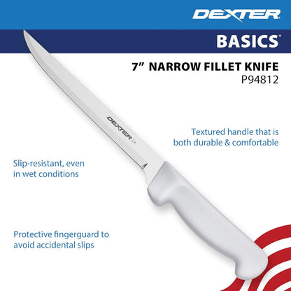 Dexter Basics 8" Flexible Fillet Knife, Stainless Blade, White Handle | Flexible high-carbon stainless steel blade follows bones for clean fillets. Designed for fish and seafood prep work.