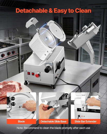 Fully Automatic Meat Slicer, 180W + 370W Commercial Food-Slicer with 10" Carbon Steel Blade, Built-In Sharpener & 0-0.3" Adjustable Thickness for Frozen Meat, Ham, Baguett, Steak