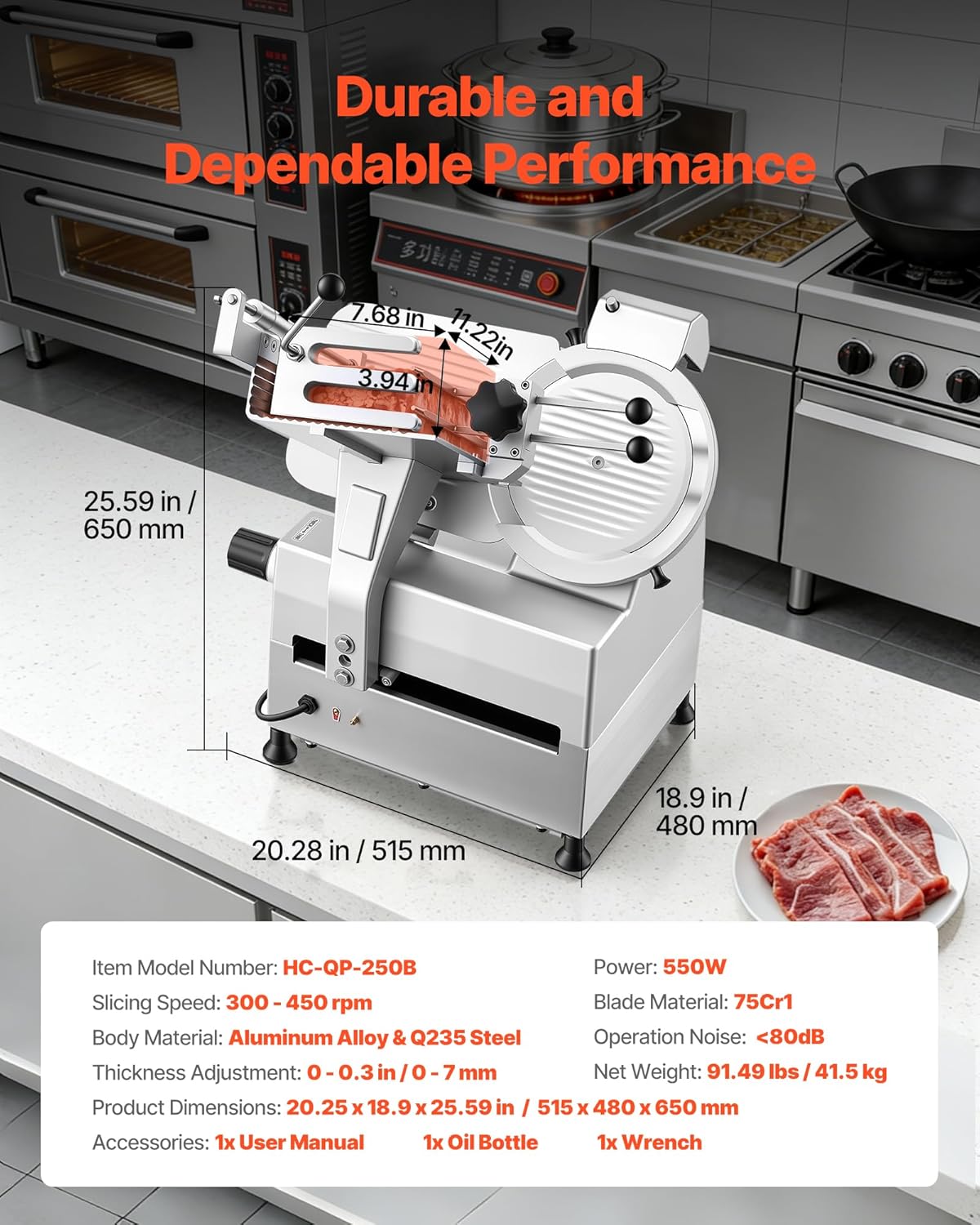 Fully Automatic Meat Slicer, 180W + 370W Commercial Food-Slicer with 10" Carbon Steel Blade, Built-In Sharpener & 0-0.3" Adjustable Thickness for Frozen Meat, Ham, Baguett, Steak
