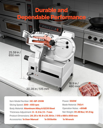 Fully Automatic Meat Slicer, 180W + 370W Commercial Food-Slicer with 10" Carbon Steel Blade, Built-In Sharpener & 0-0.3" Adjustable Thickness for Frozen Meat, Ham, Baguett, Steak