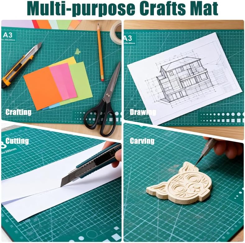 Cutting Mat Art Sewing Mat 17.7"L x 11.8"W Gridded Rotary Cut Board Double-sided for Crafts Hobby Project Sewing Fabric (2, Green, A3:17.7"L x 11.8"W)