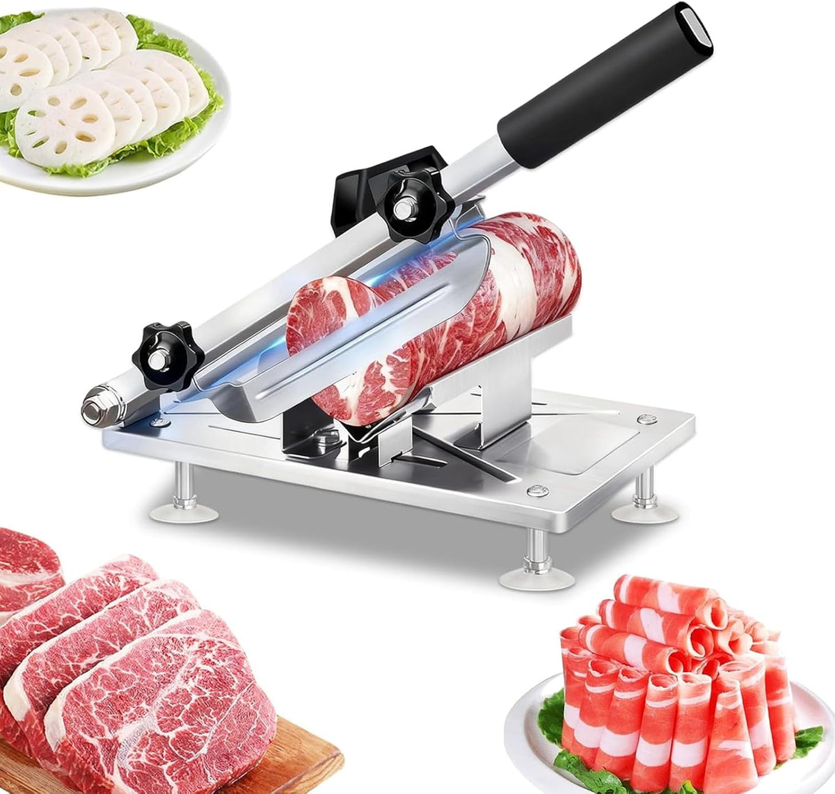 Manual Frozen Meat Slicer, Upgraded Stainless Steel Meat Cutter with Adjustable Thickness Control, Home Food Slicing Machine Built-in Safety Guard, Non-Slip Base for Hot Pot BBQ Sandwiches Pizza