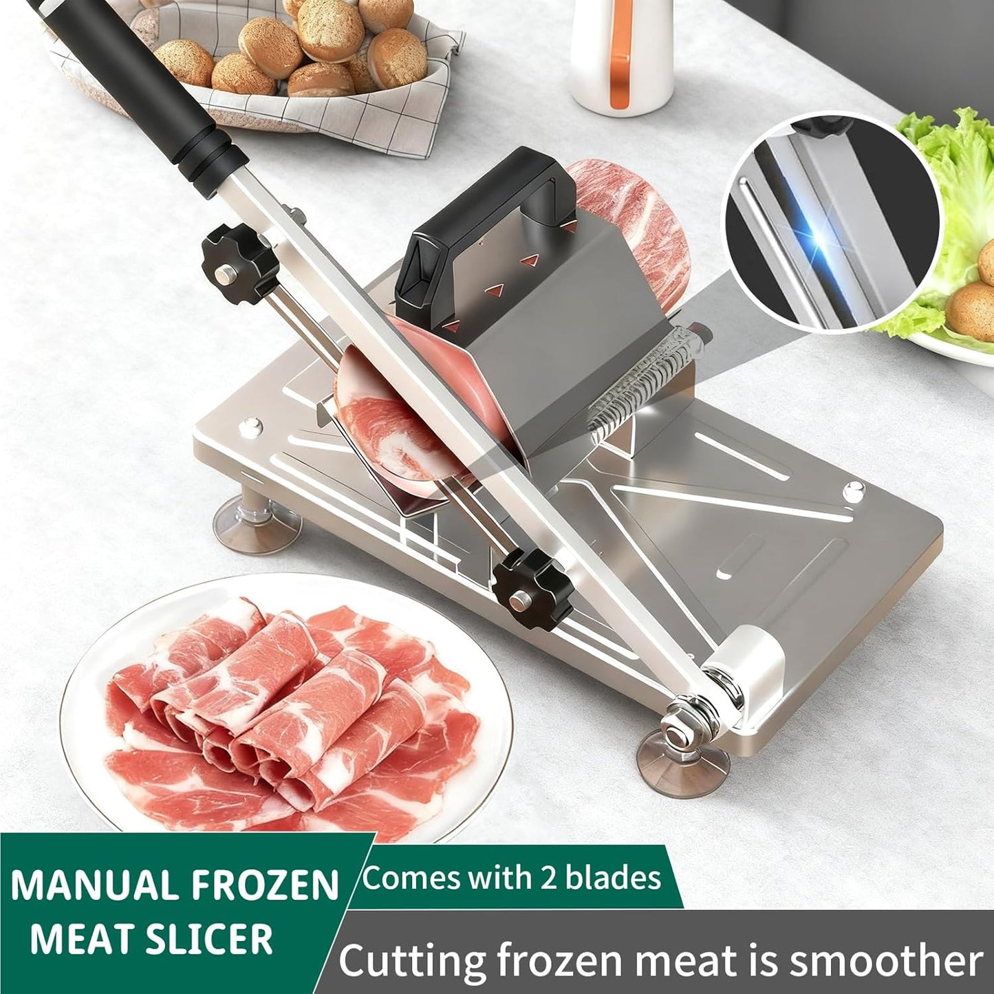 Manual Frozen Meat Slicer, Upgraded Stainless Steel Meat Cutter with Adjustable Thickness Control, Home Food Slicing Machine Built-in Safety Guard, Non-Slip Base for Hot Pot BBQ Sandwiches Pizza