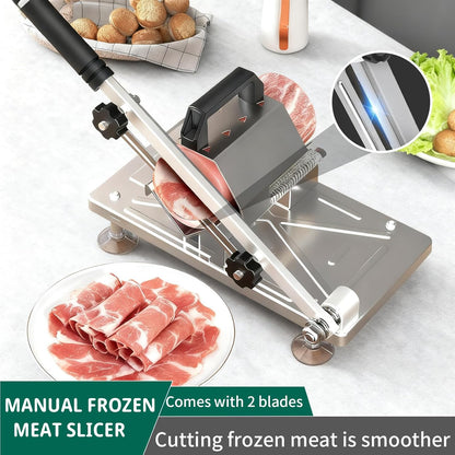 Manual Frozen Meat Slicer, Upgraded Stainless Steel Meat Cutter with Adjustable Thickness Control, Home Food Slicing Machine Built-in Safety Guard, Non-Slip Base for Hot Pot BBQ Sandwiches Pizza
