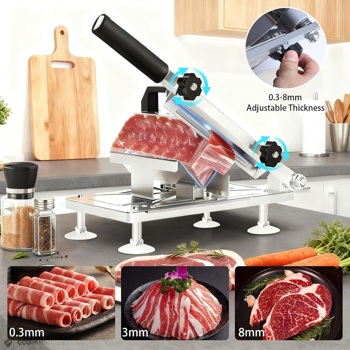 Manual Frozen Meat Slicer, Upgraded Stainless Steel Meat Cutter with Adjustable Thickness Control, Home Food Slicing Machine Built-in Safety Guard, Non-Slip Base for Hot Pot BBQ Sandwiches Pizza