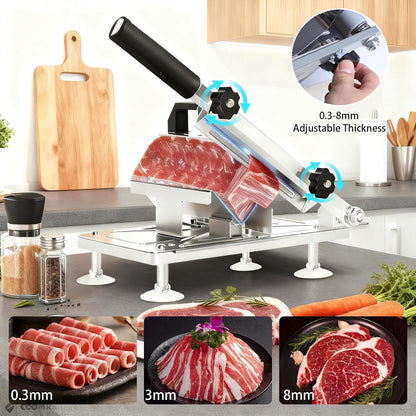 Manual Frozen Meat Slicer, Upgraded Stainless Steel Meat Cutter with Adjustable Thickness Control, Home Food Slicing Machine Built-in Safety Guard, Non-Slip Base for Hot Pot BBQ Sandwiches Pizza