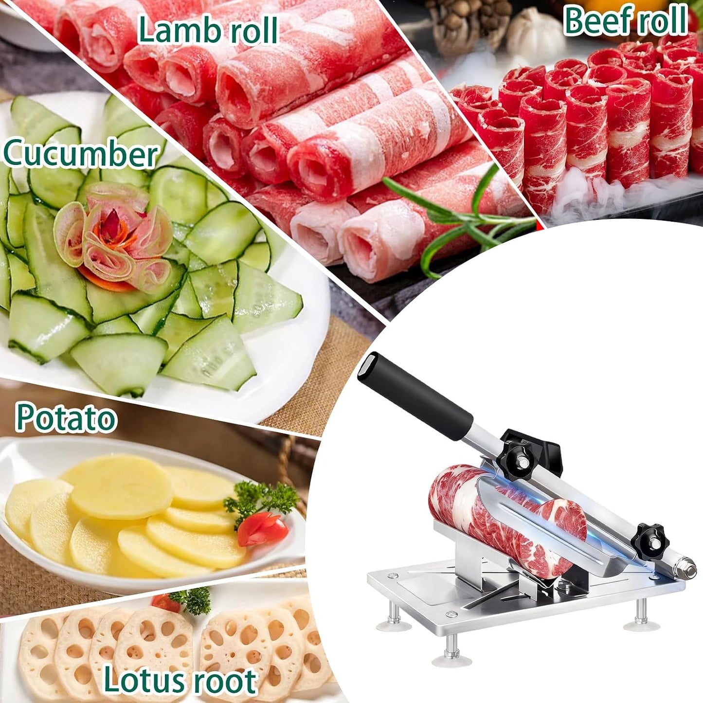 Manual Frozen Meat Slicer, Upgraded Stainless Steel Meat Cutter with Adjustable Thickness Control, Home Food Slicing Machine Built-in Safety Guard, Non-Slip Base for Hot Pot BBQ Sandwiches Pizza