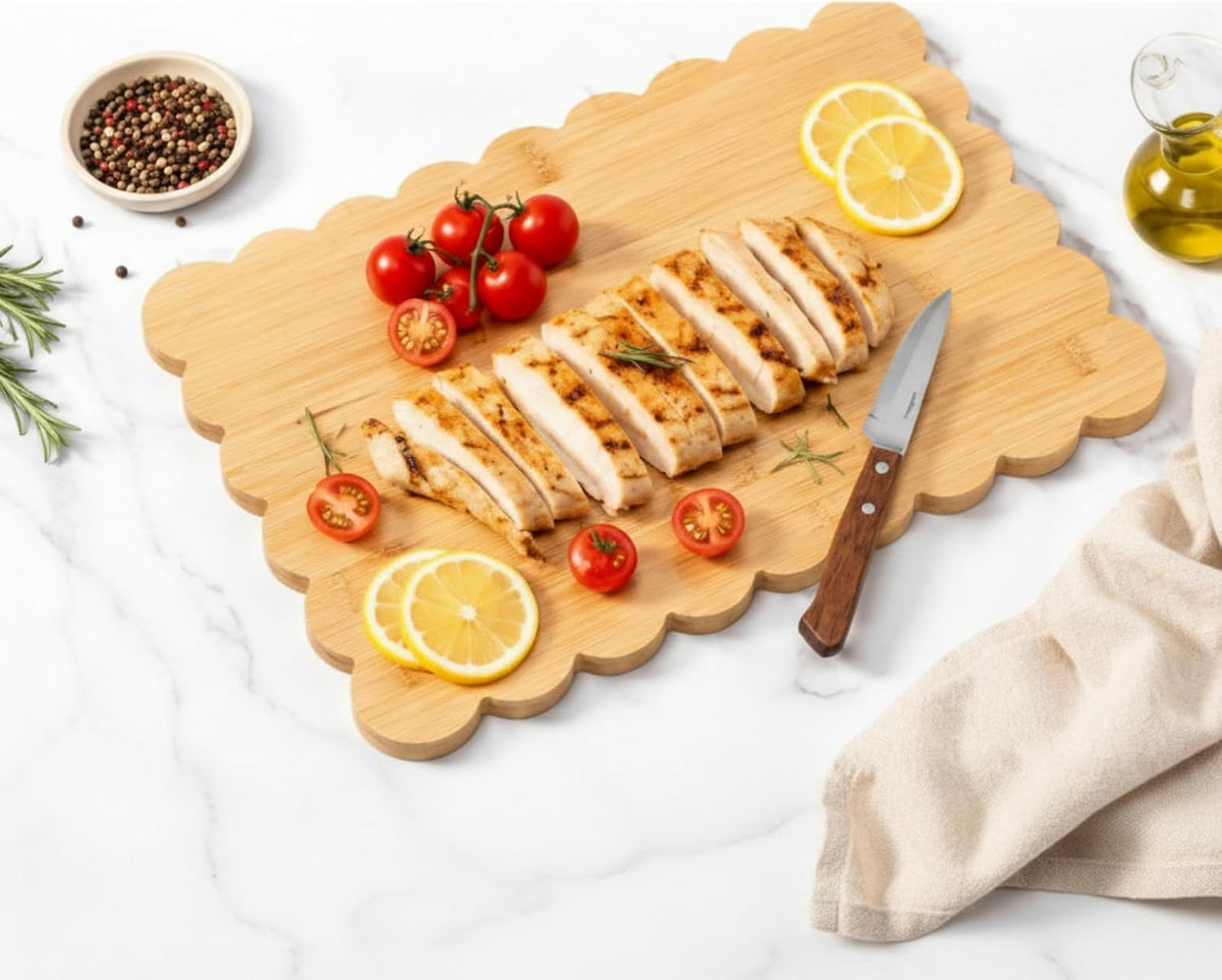 Scalloped Bamboo Cutting Board 15.7 x 11 inch Bamboo Charcuterie Cutting Board for Kitchen Laser Engraving DIY Housewarming Cheese Meat Fruit Bread Chopping Blocks